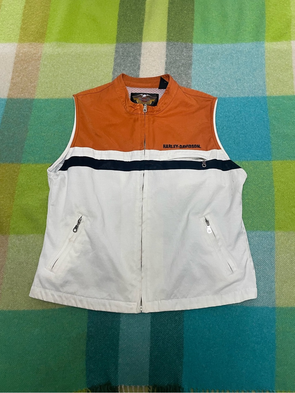Vintage Harley Davidson orange women’s vest stained #bikerstyle #motorcycle